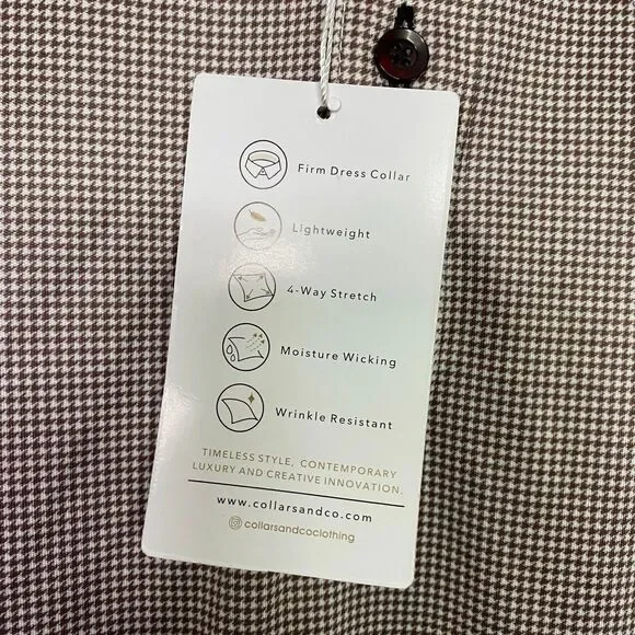 Collars & Co Polo Shirt Mens L Brown Houndstooth Dress Collar Preppy Stretch NWT - Picture 7 of 10